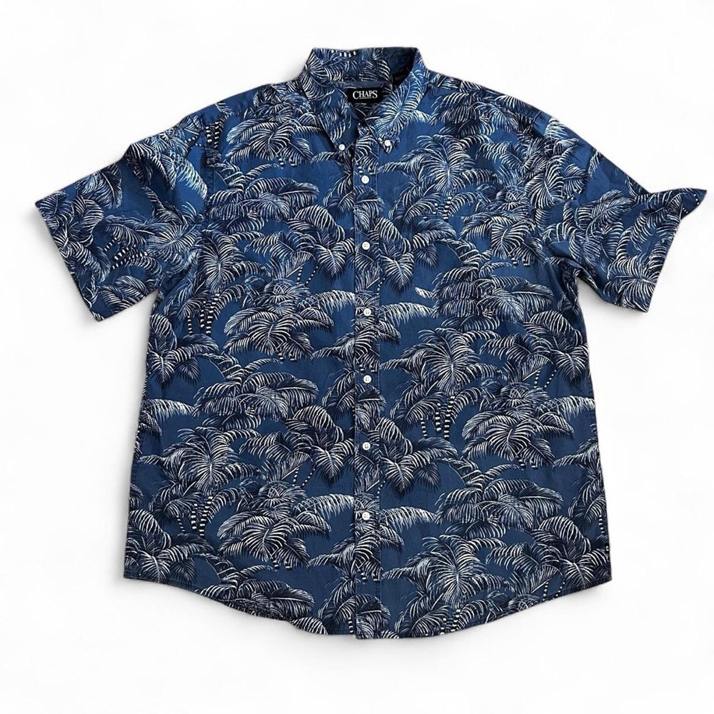 Chaps navy blue Hawaiian button-up palm tree summer, beach shirt
